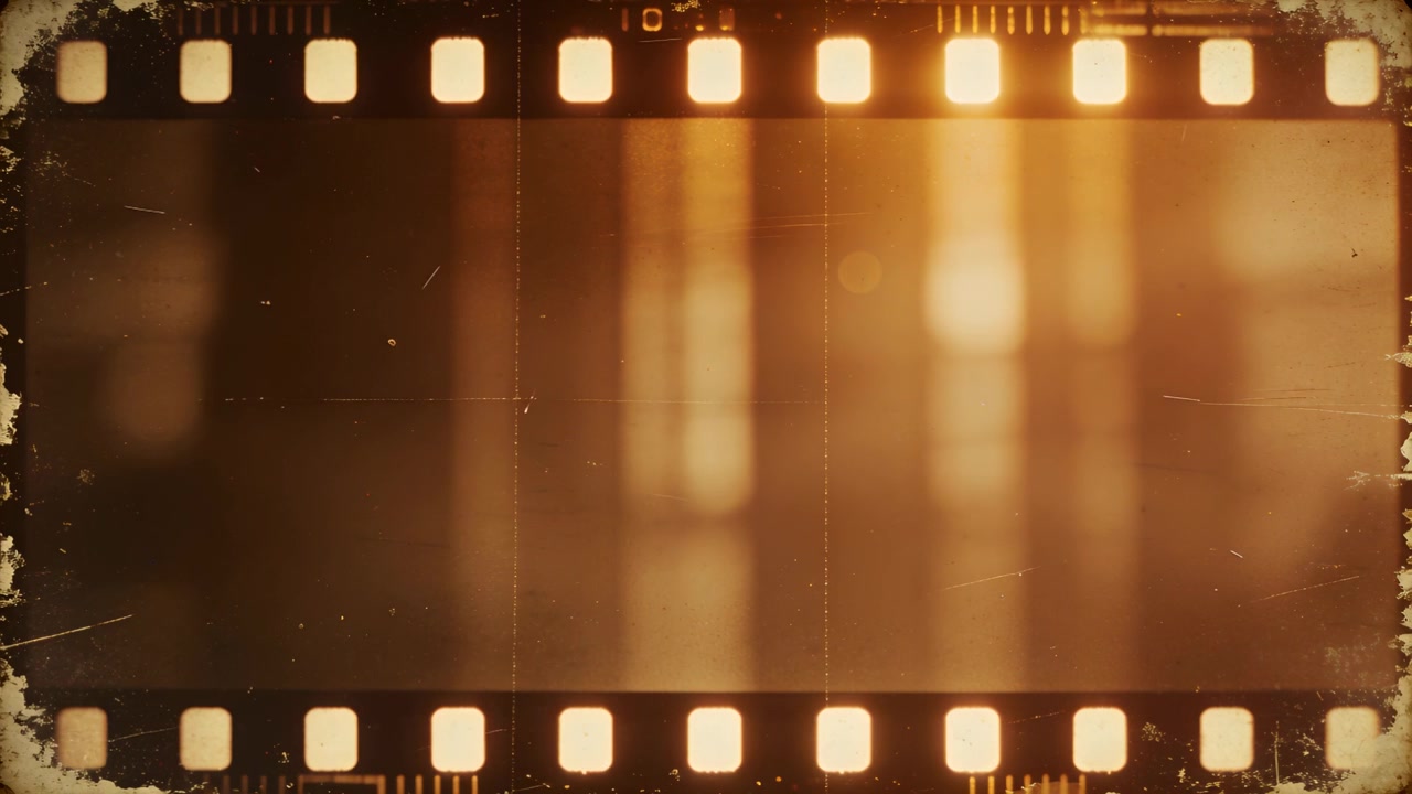 Fotogramma di pellicola vintage sfarfallante che reagisce a una perdita di luce pulsante in primo piano, mostrando toni seppia.