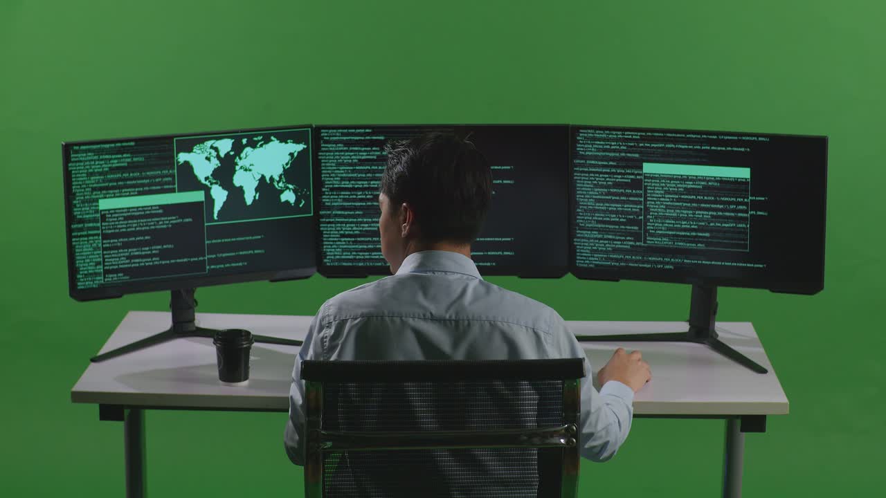 Tampilan Belakang Pengembang Pria Asia yang Sakit Kepala Sambil Menulis Kode dengan Beberapa Layar Komputer di Studio Layar Hijau
