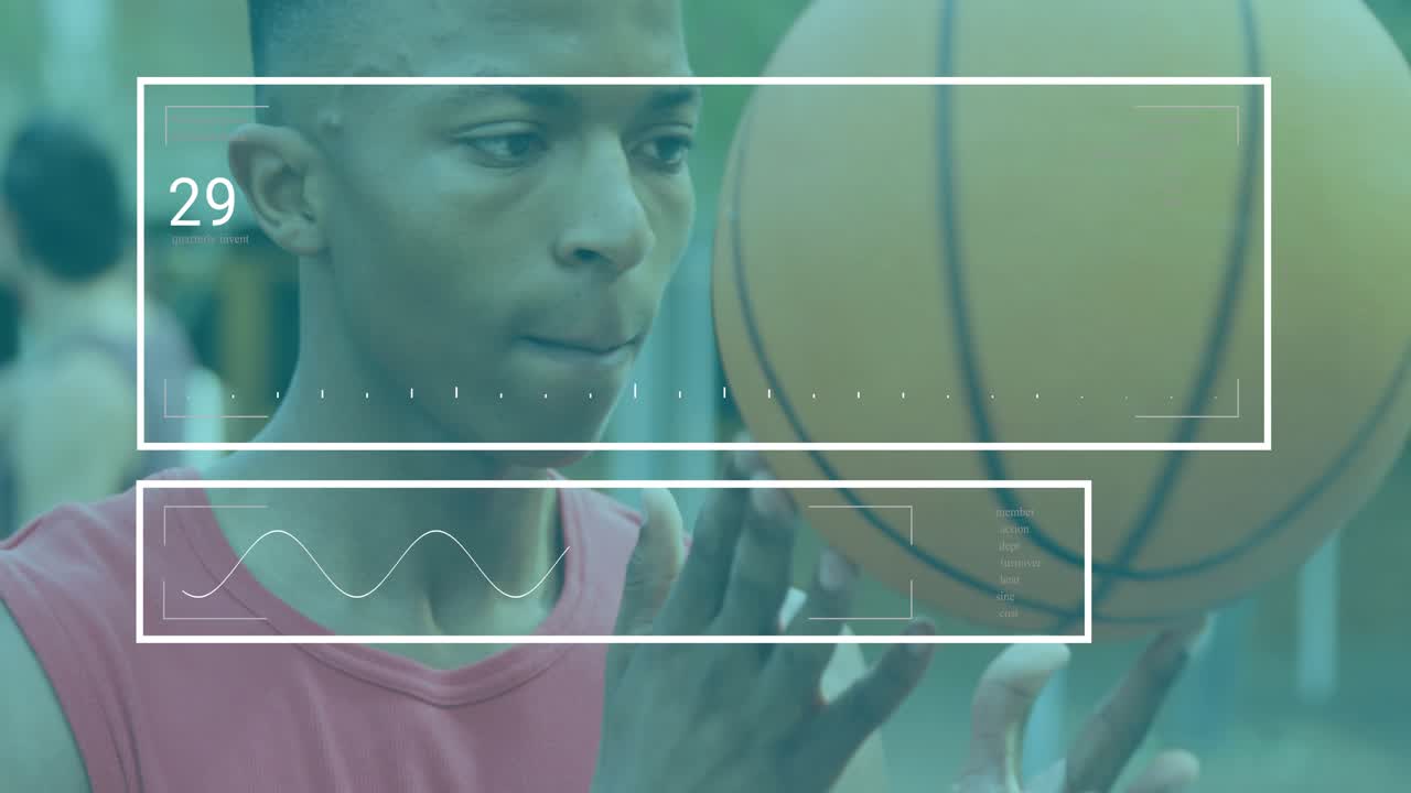 Bringing ball to fingertip, athlete spinning ball with HUD updating metrics for sports analytics