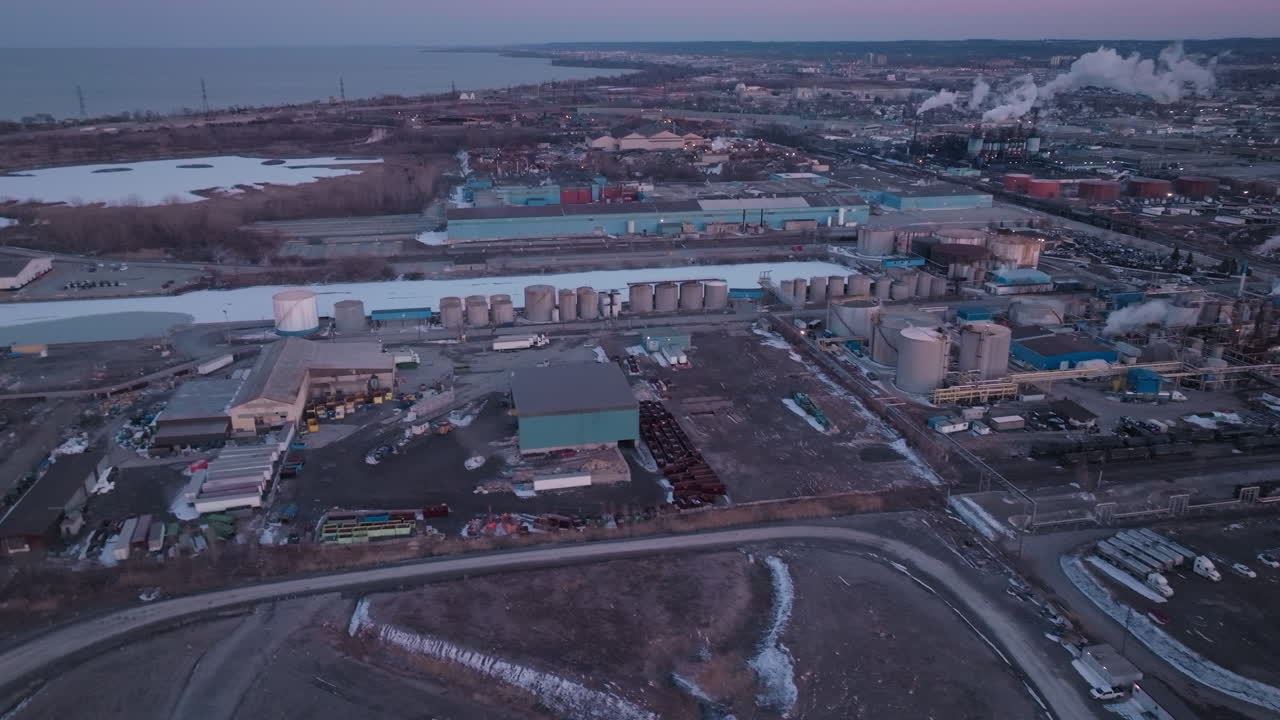 Aerial view of industrial site in Hamilton, Ontario at sunset