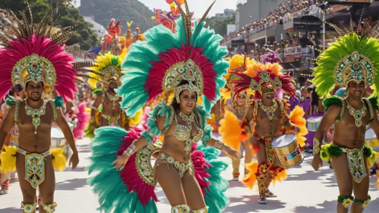 Vibrant Carnival Parade with Dancers in Colorful Costumes Displaying Cultural Heritage and Joyful Celebration Amidst a Festive Atmosphere and Excited Crowd