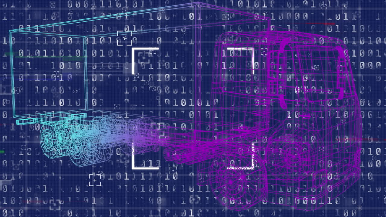 Animation of digital lorry and data processing on blue background