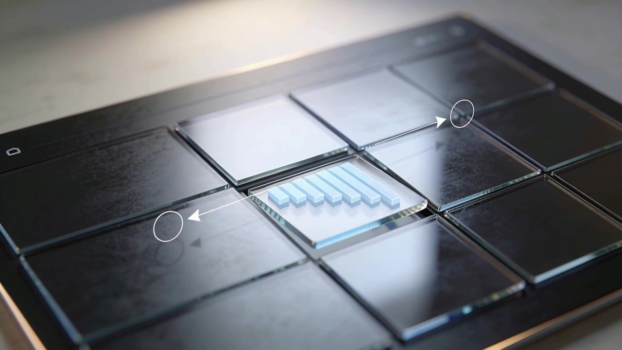 Signal activating popup glass module rising, rotating, flattening blue bars on tabletop demo