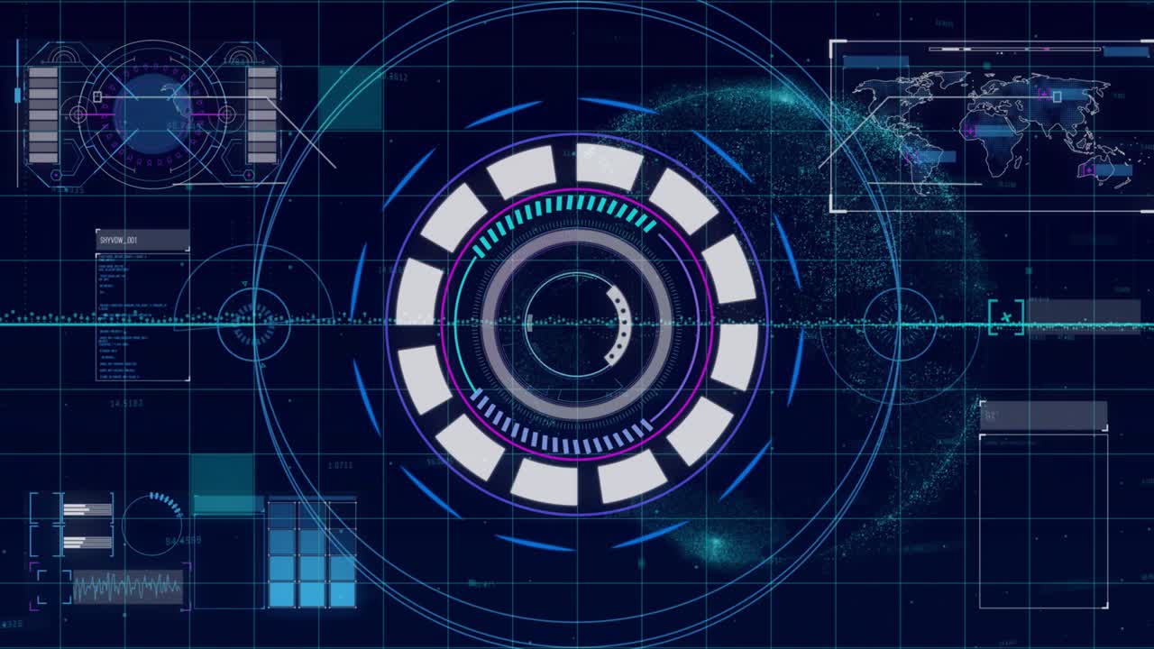 Waveform appearing central HUD spinning expanding teal ticks lighting system running scan settling