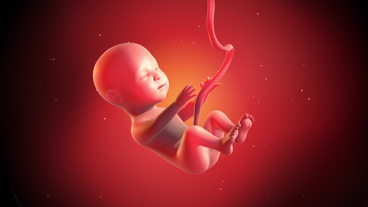 Animazione CG di feto umano 3D. Si muove lentamente nell'utero materno