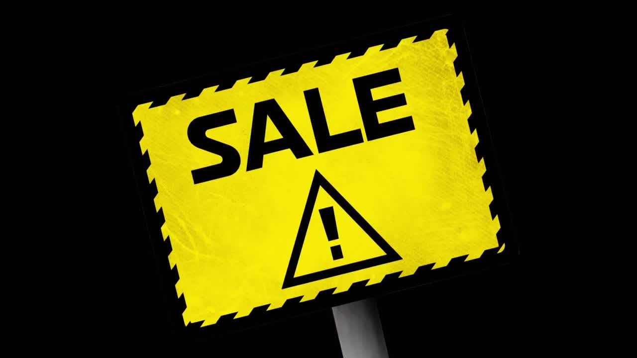 Animation of sale text on yellow warning sign, over purple smoke explosion, on black background