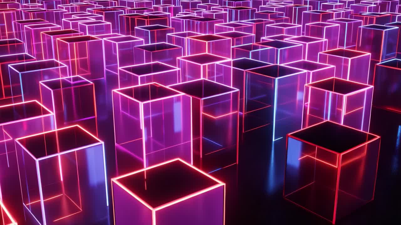 A Futuristic Scene Featuring a Vast Arrangement of Glowing Cubes, Radiating in Vibrant Neon Colors, Creating an Enigmatic and Immersive Visual Experience