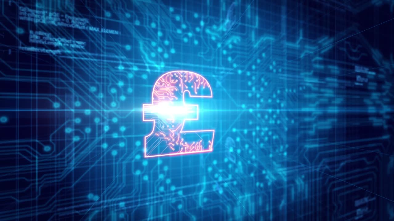 파란 프로세서 소켓 위에 반이는 오렌지색 푸온드 기호의 애니메이션