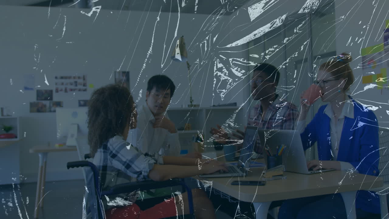 In school, animation overlay effect on diverse team collaborating in classroom