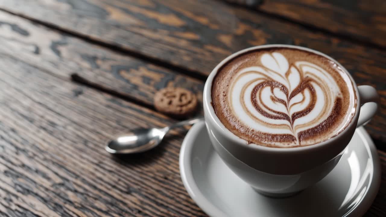 Top-down video shot of a latte with intricate foam art on a rustic wooden table, accompanied