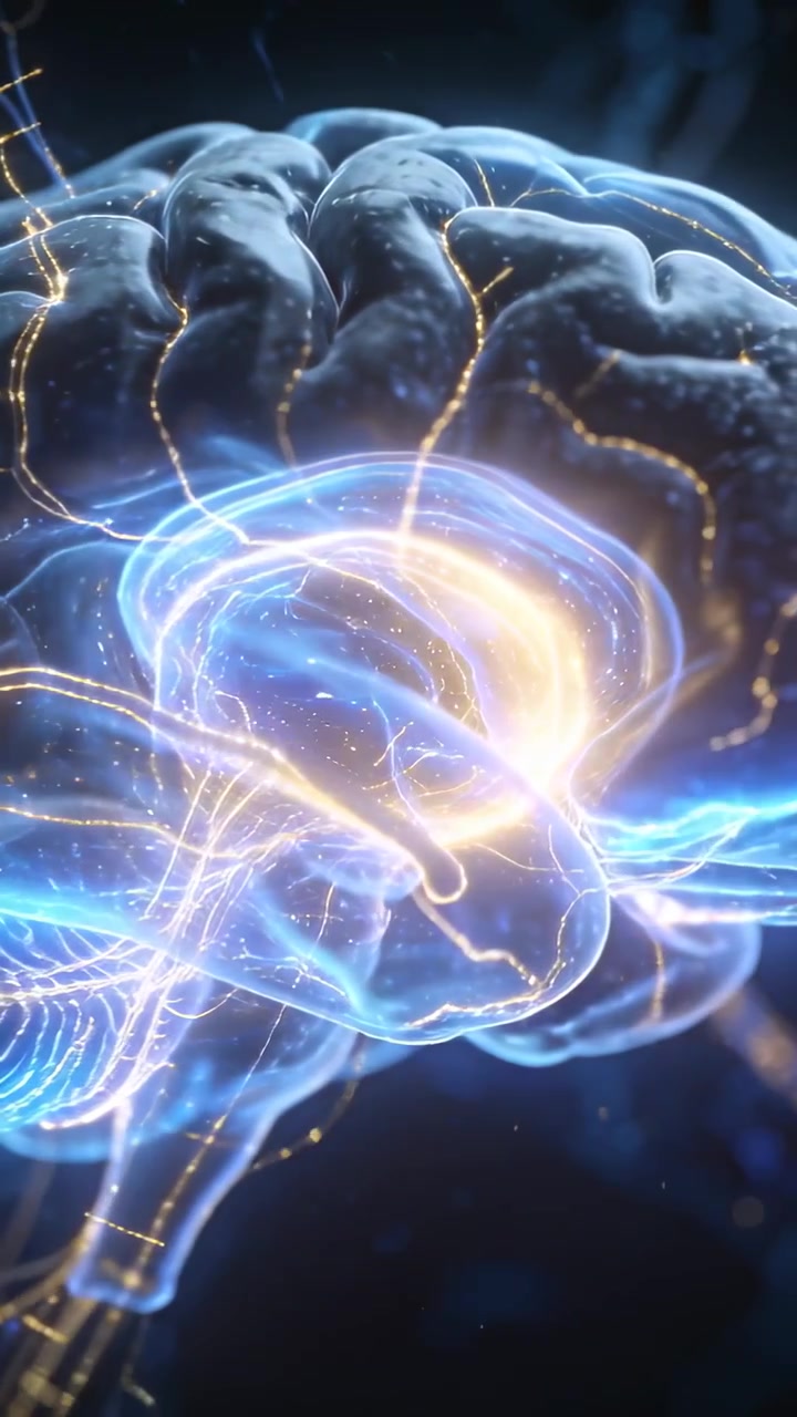 Video verticale: Nucleo luminoso che invia impulsi dorati lungo i filamenti cerebrali in un modello 3D, con zoom.