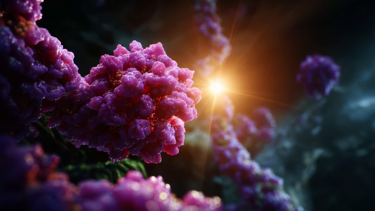 A Captivating Close-Up of Lush Purple Flora Illuminated by Radiant Light, Showcasing Nature's Splendor and Intricate Details in a Magical Setting