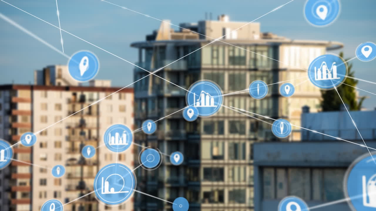 도시 풍경 위의 아이콘으로 연결된 네트워크의 애니메이션