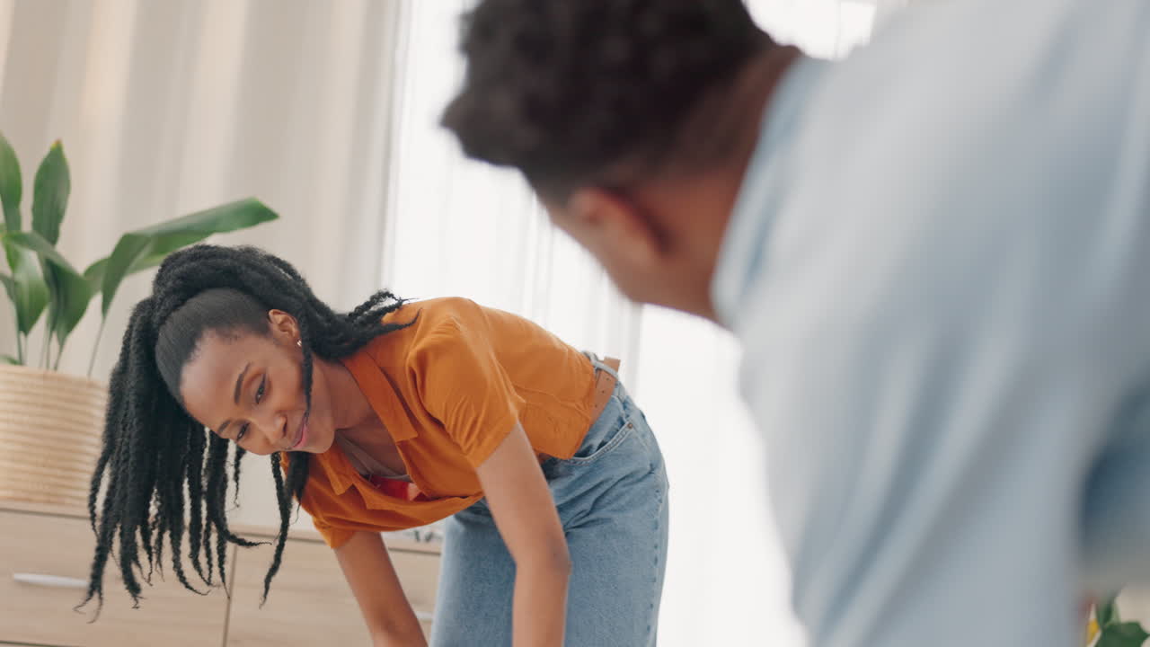 Cleaning, home and black couple in bedroom