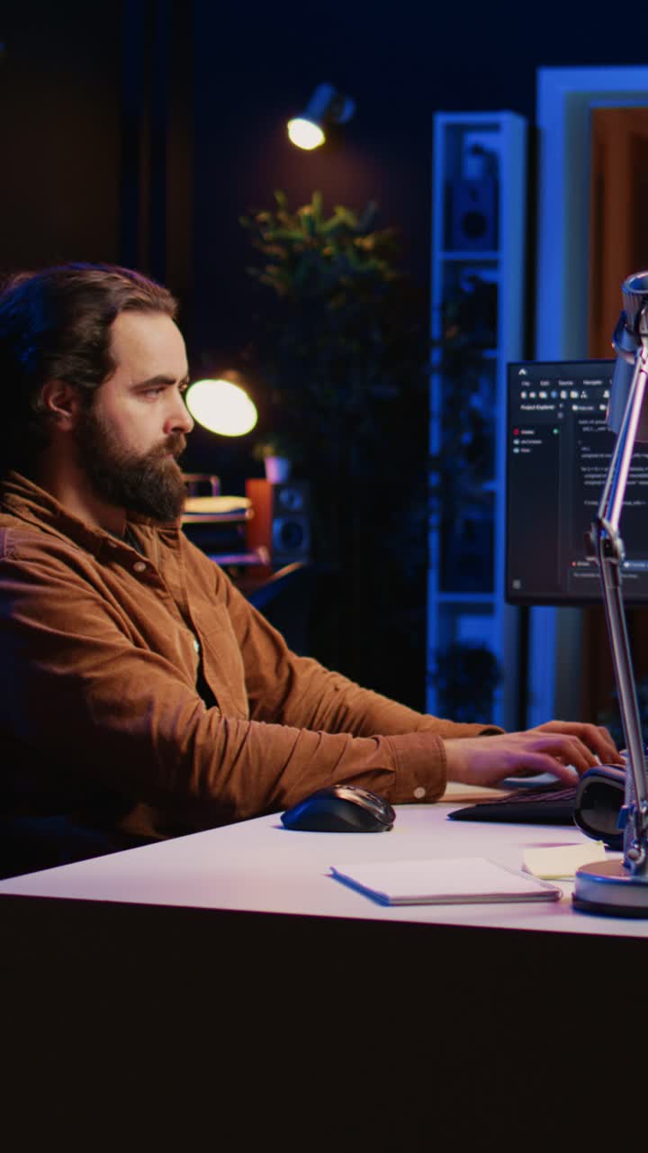 Soustředěný programátor píše kód na počítači v noci