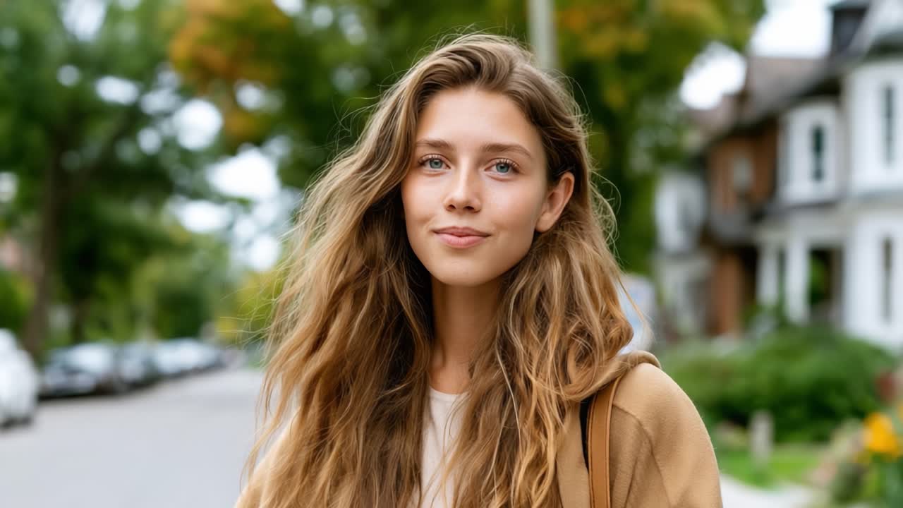 Una serie di fotogrammi che catturano il sorriso genuino e la bellezza naturale di una giovane donna in un contesto di quartiere con vegetazione lussureggiante ed elementi urbani.