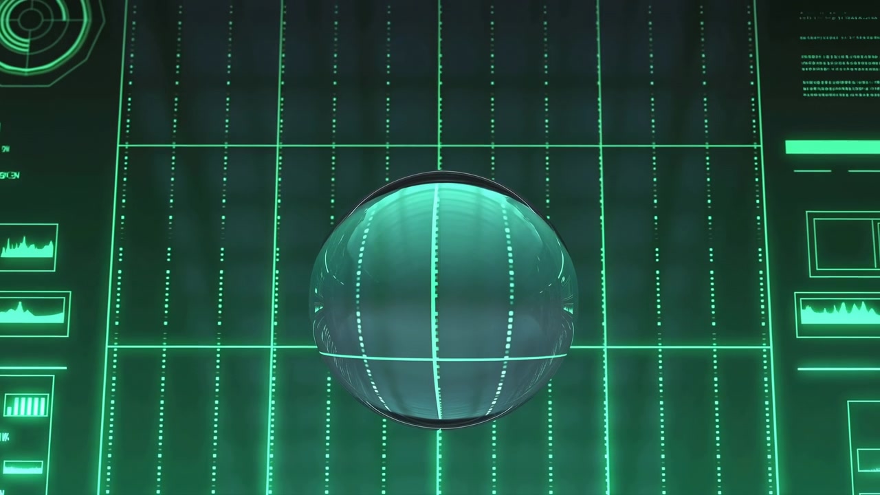A transparent glowing sphere floats against a dark cyber background with green grid lines, data streams, and illuminated control panels, creating a sleek