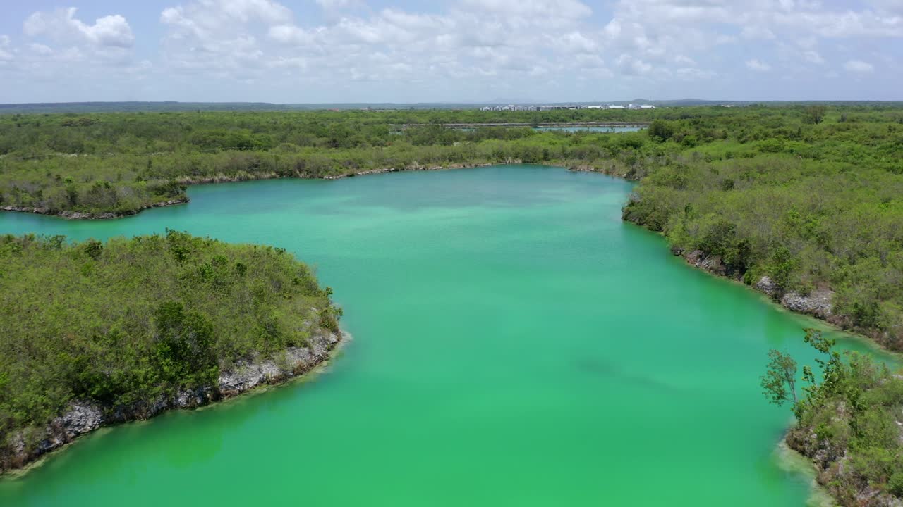 adelante aéreo de blue lake o lago azul en cap cana