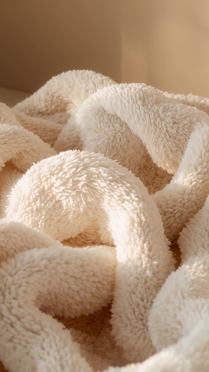 Vidéo verticale : lumière du soleil changeante inondant une couverture en polaire beige crème posée sur un lit, plis doux