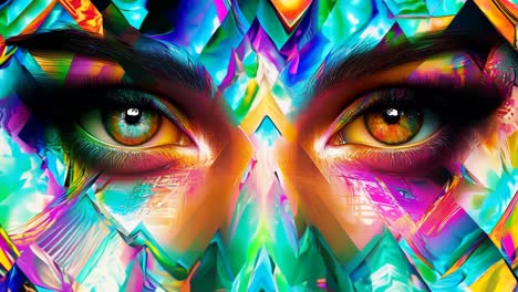 A colorful painting of a woman's eyes with a triangle in the corner. The painting is abstract and has a vibrant, energetic feel to it