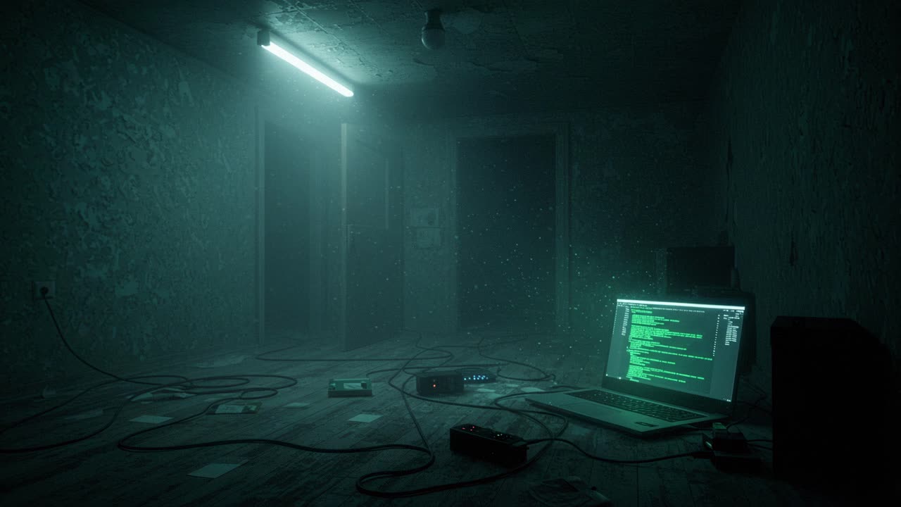 Mysterious dimly lit room with glowing laptop and scattered equipment revealing a hidden digital world