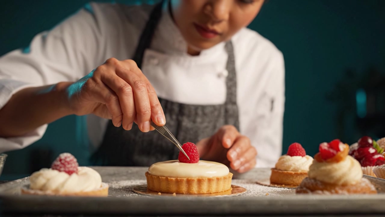 Un pasticcere perfeziona la presentazione di un dessert con lamponi, concentrandosi sull'artigianalità nelle arti culinarie e sulle tecniche artistiche di design dei dessert.