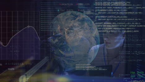 Animation of data over diverse male and female it engineer with tablet by computer servers
