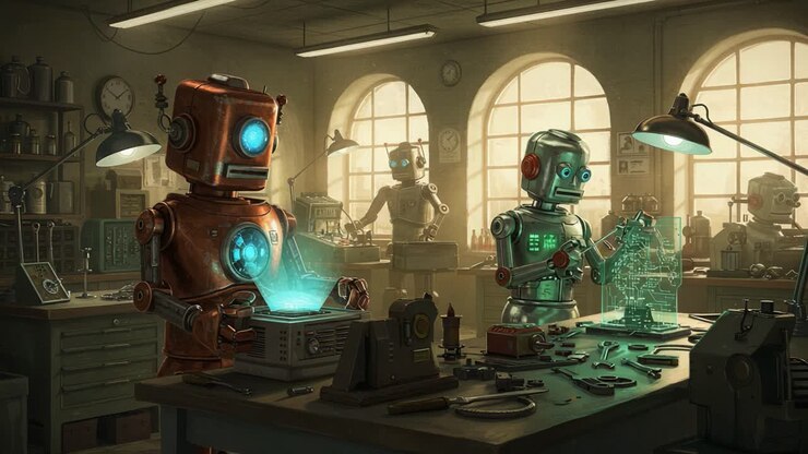 A bustling workshop where robots actively engage in intricate tasks, showcasing innovation and creativity as they build futuristic gadgets and designs under warm, ambient light