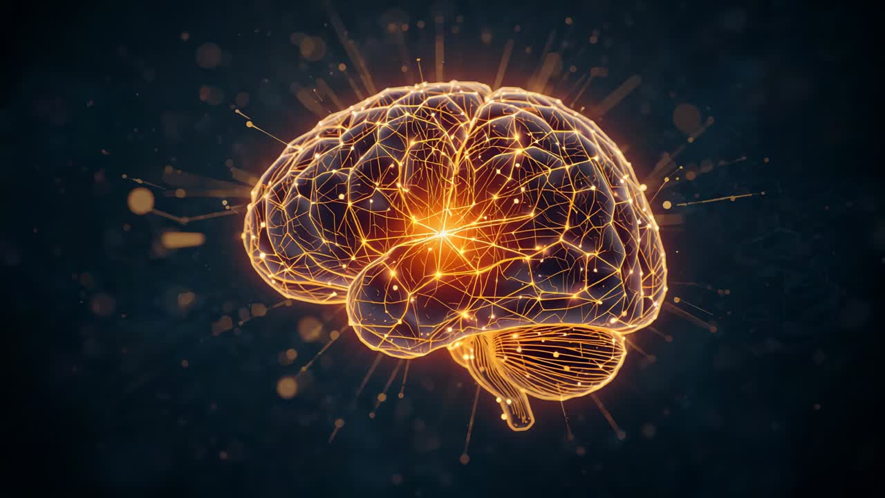 Pulsing core node driving 3D brain rotating in deep blue, emitting sparks, showing network