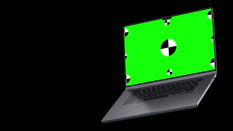 3d notebook laptop computer working green screen display isolated on black background. 3d rendering.