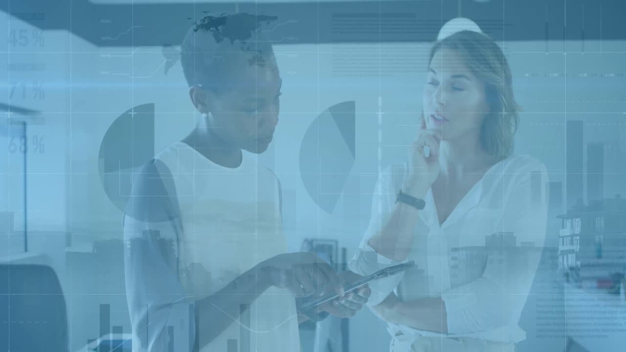 Animation of financial data processing and cityscape over diverse business people in office