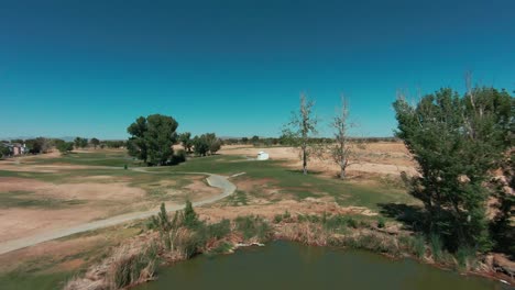 High-speed-and-bold-flight-with-a-first-person-view-of-a-city-park-with-ponds