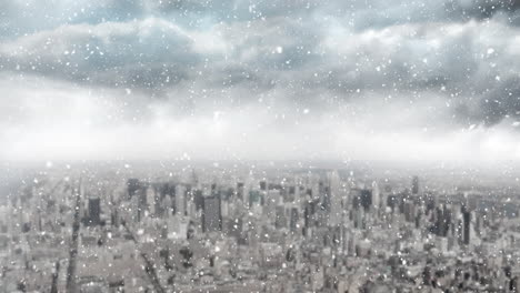 snow falling and cityscape