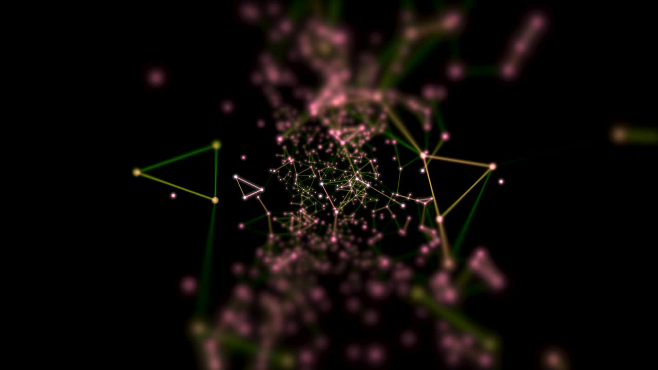 Changing motion of colourful trajectories forming triangles on the black background.