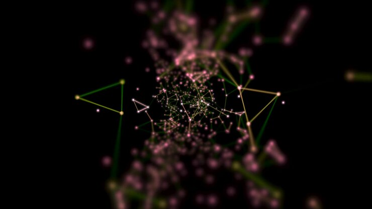 Movimento mutevole di traiettorie colorate che formano triangoli su sfondo nero