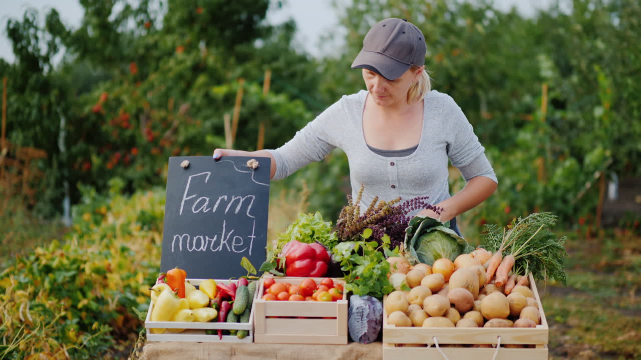 농부의 시장에 있는 판매자는 카운터 소기업 소유주에게 야채를 조심스럽게 놓습니다.