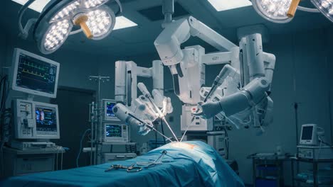 advanced robotic surgery setup: cutting-edge technology operates with precision above a lying patient in a modern medical facility