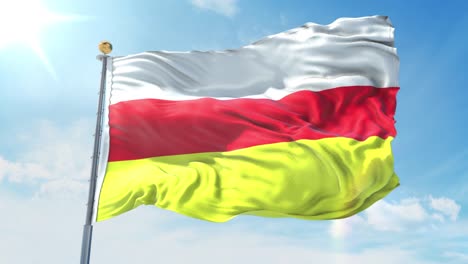 north ossetia flag waving in the wind against deep blue sky. national theme, international concept. 3d render seamless loop 4k