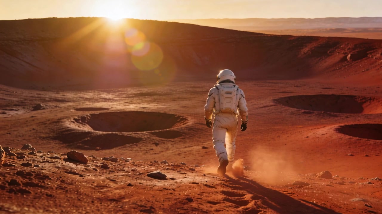 Al primo passo, un astronauta in tuta spaziale e casco si dirige verso un sole basso su una pianura, lasciando impronte.