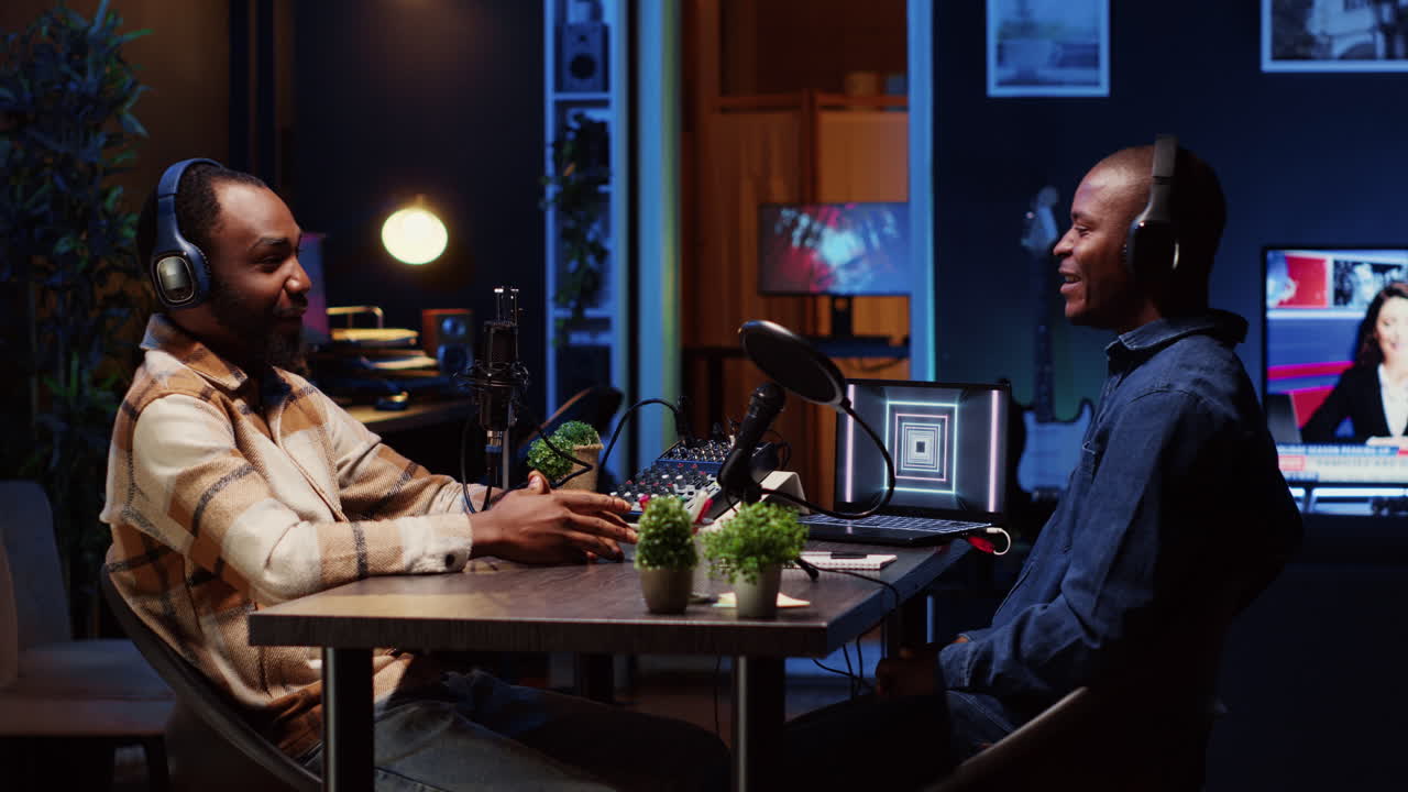 Woman hosting podcast, using professional audio equipment to ensure high sound quality