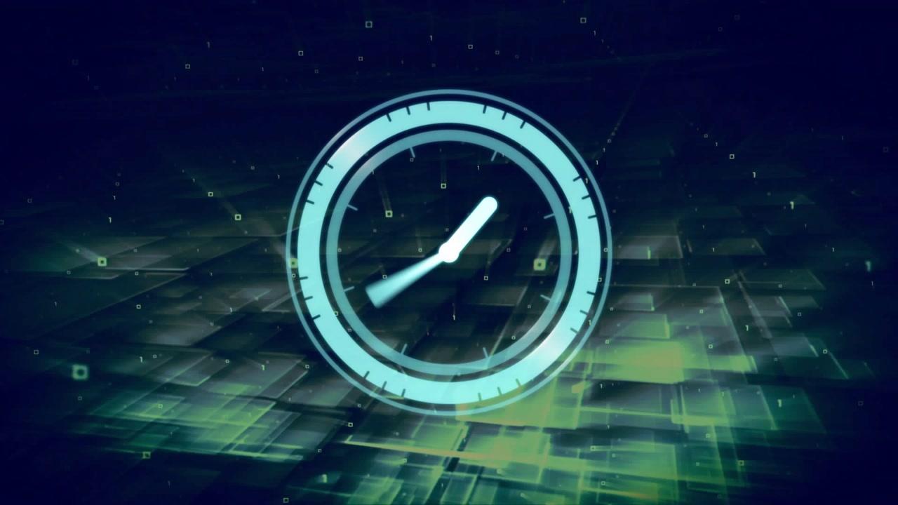 Central clock HUD spinning into view over tiled plane, hands rotating, progress arcs showing data