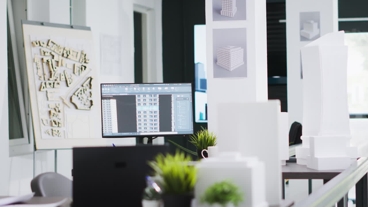 software de arquitectura cad en una computadora en un escritorio de oficina vacío