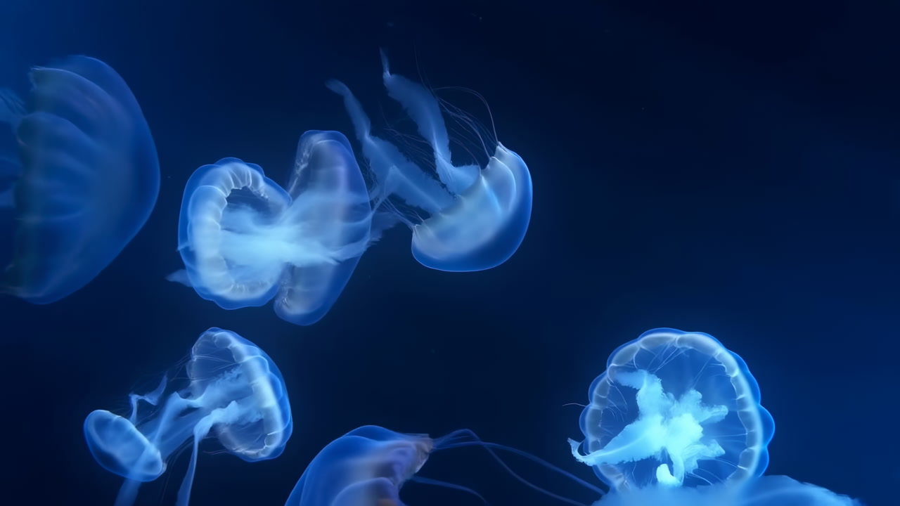 Bioluminescent Jellyfish Drifting Across Dark Ocean, Translucent Bell And Trailing Tentacles Illuminated