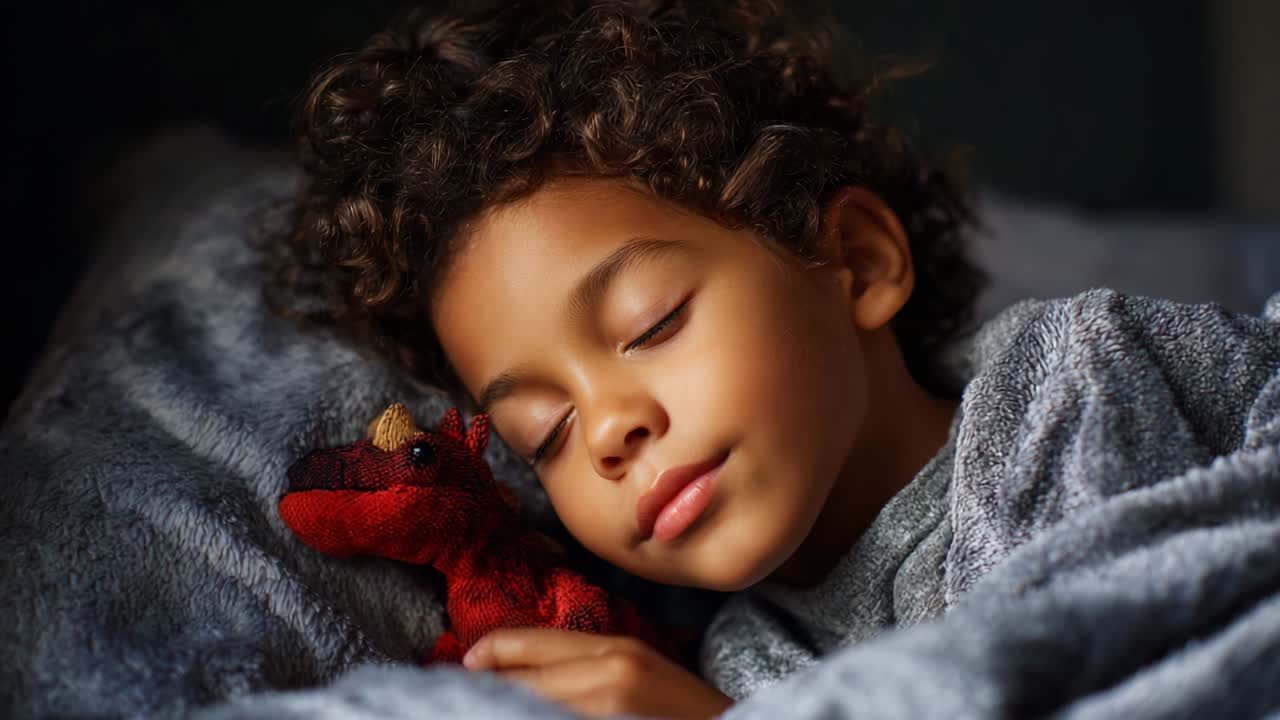 A Peaceful Moment: A Child Embracing Their Plush Dinosaur Toy While Asleep Under a Soft Blanket, Capturing the Essence of Comfort and Restfulness in a Cozy Bedroom Setting