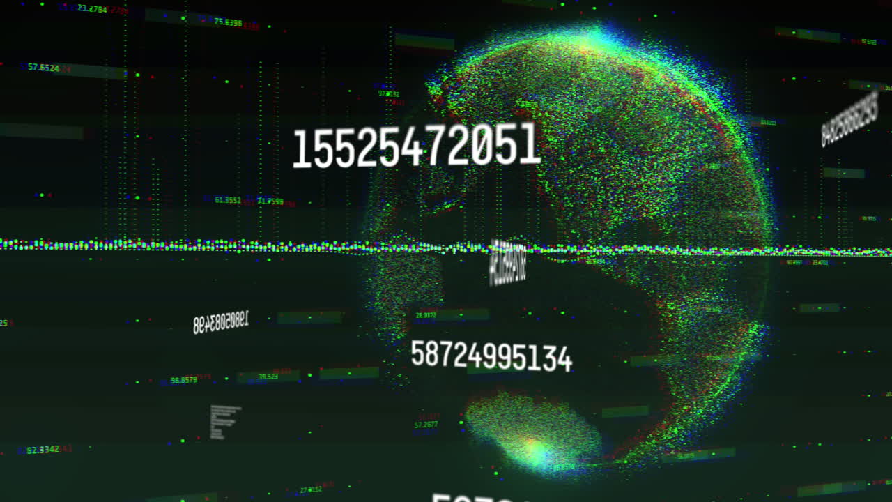 Animation of multiple changing numbers and data processing over spinning globe on green background