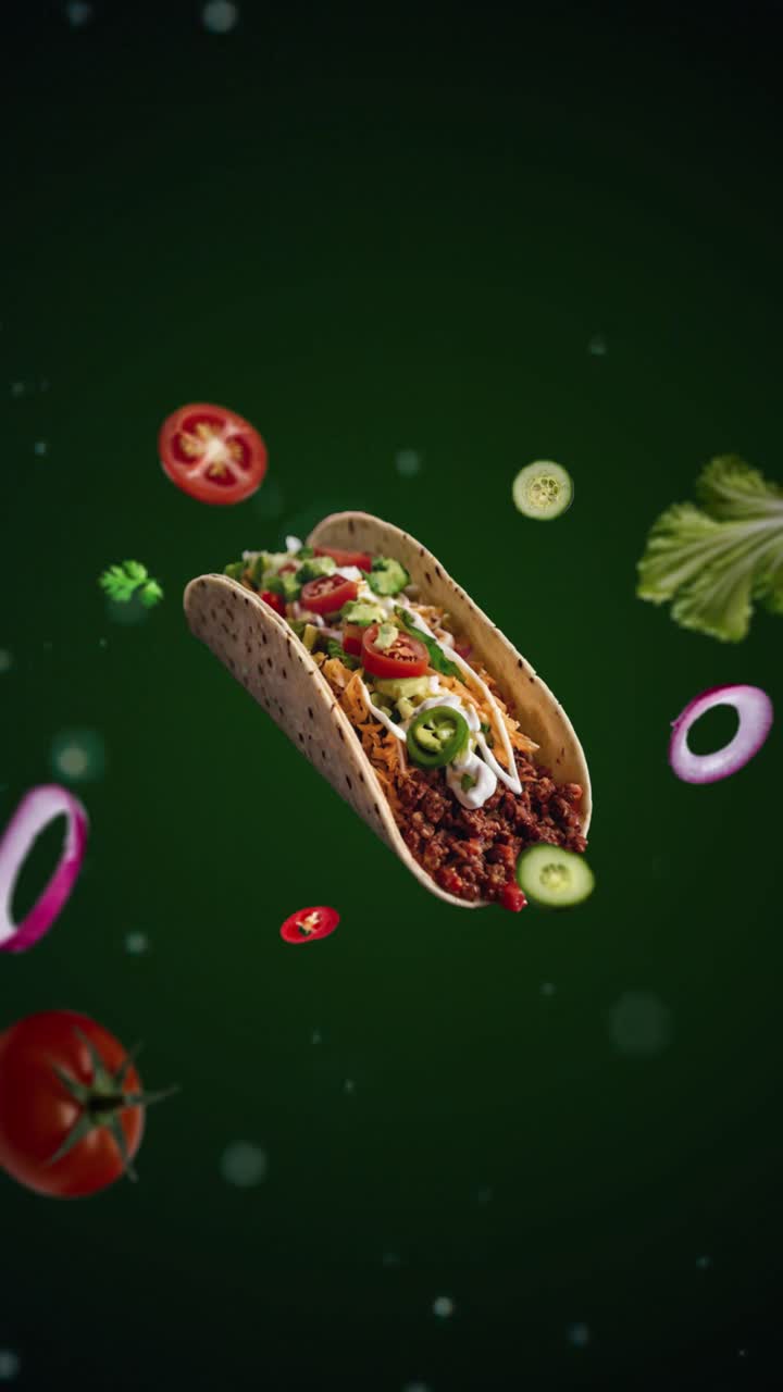 Oksetaco med ost. Animationsintro til reklame eller markedsføring på grøn baggrund for restauranter med ingredienser, der flyver i luften (grøn baggrund) – vertikal video til prisskilt eller udsalg