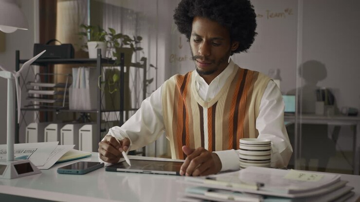 Portrait of Black Male Engineer Drawing on Tablet and Smiling at Camera at Desk