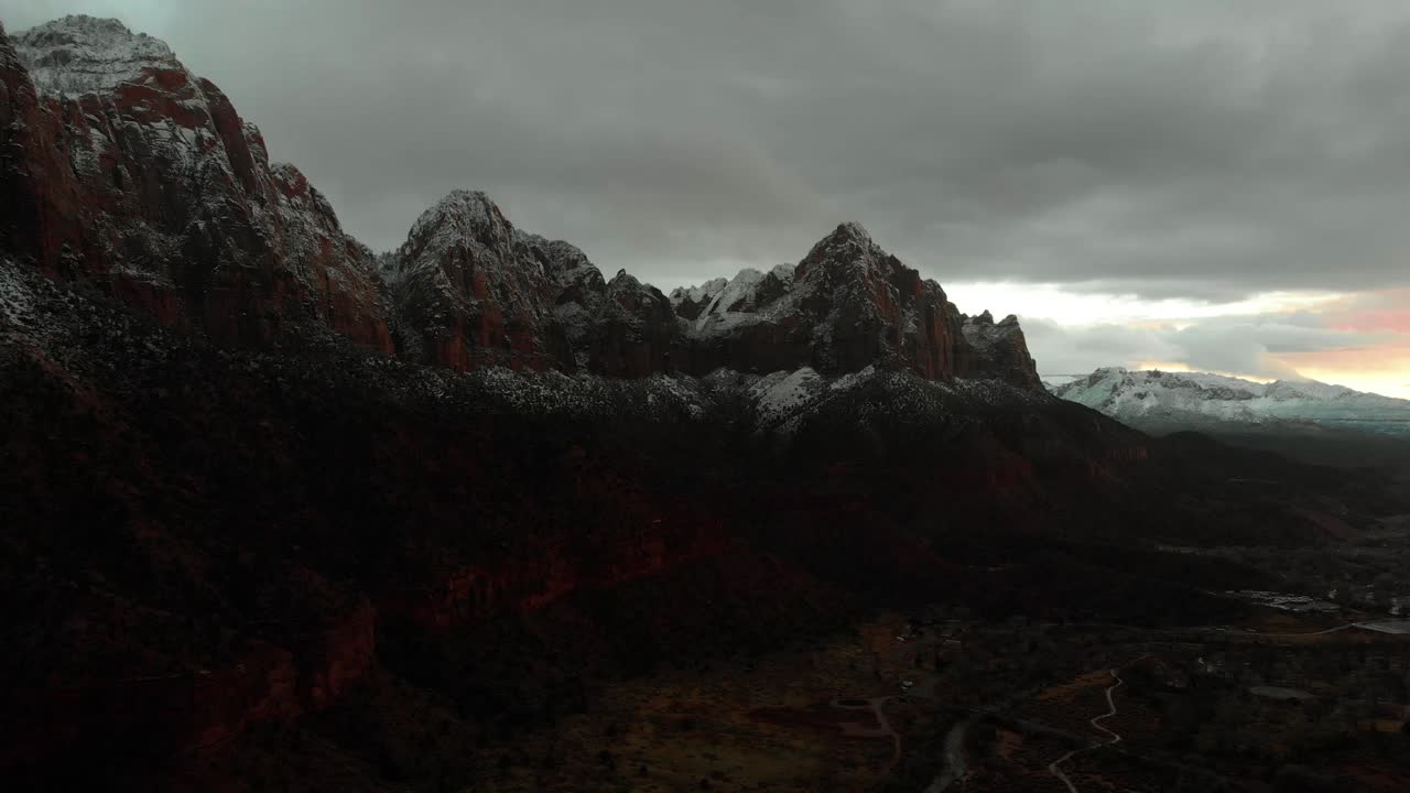 Snow-Covered Mountains in Zion National Park at Sunset