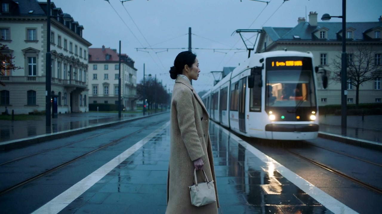 Una donna asiatica in cappotto beige con borsa alla fermata, che osserva i fari del tram, in attesa di salire a bordo.