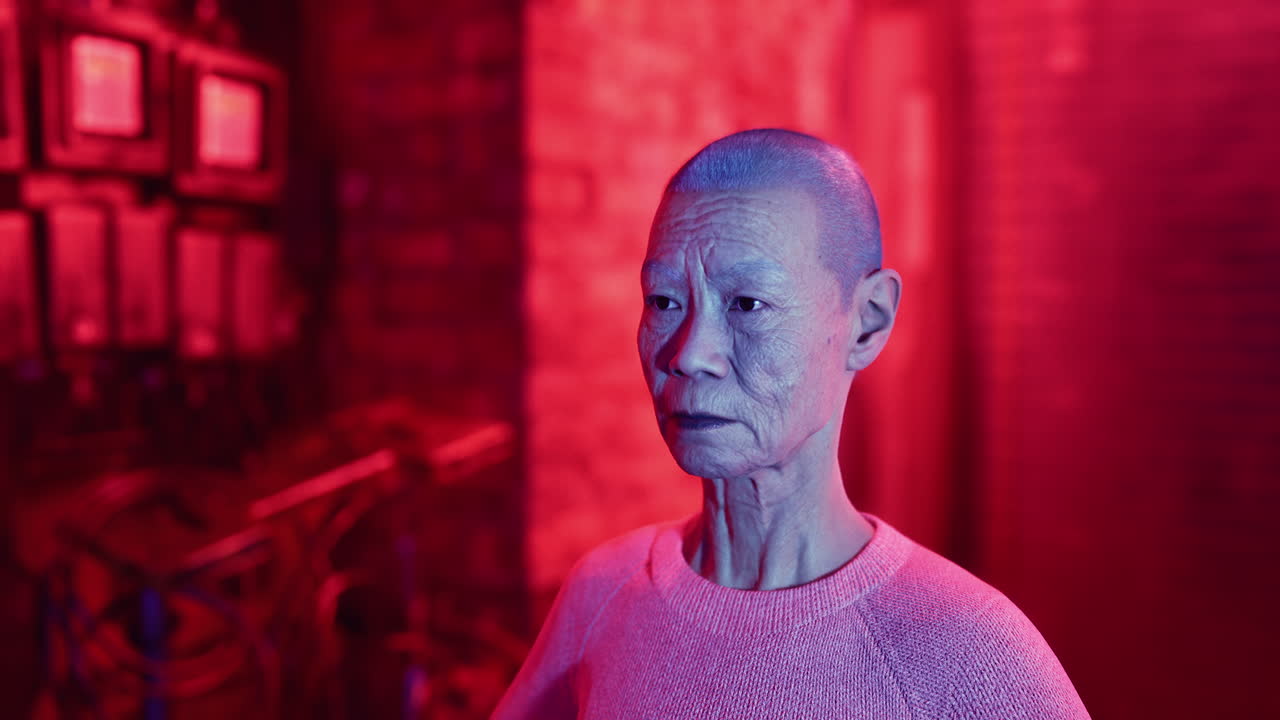 портрет пожилой азиатской женщины с побритой головой